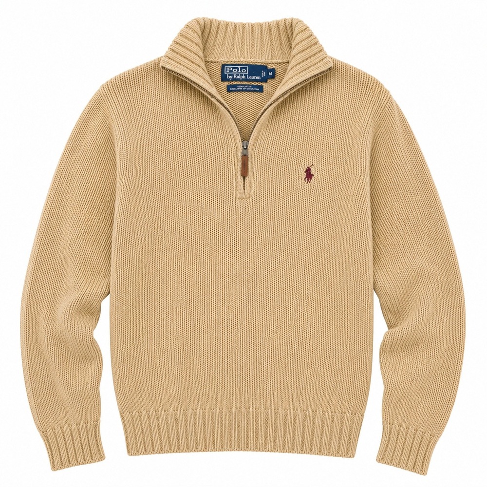 Vintage Blue Label Men's XXL Polo Ralph Lauren Quarter Zip Sweater Tan Cotton